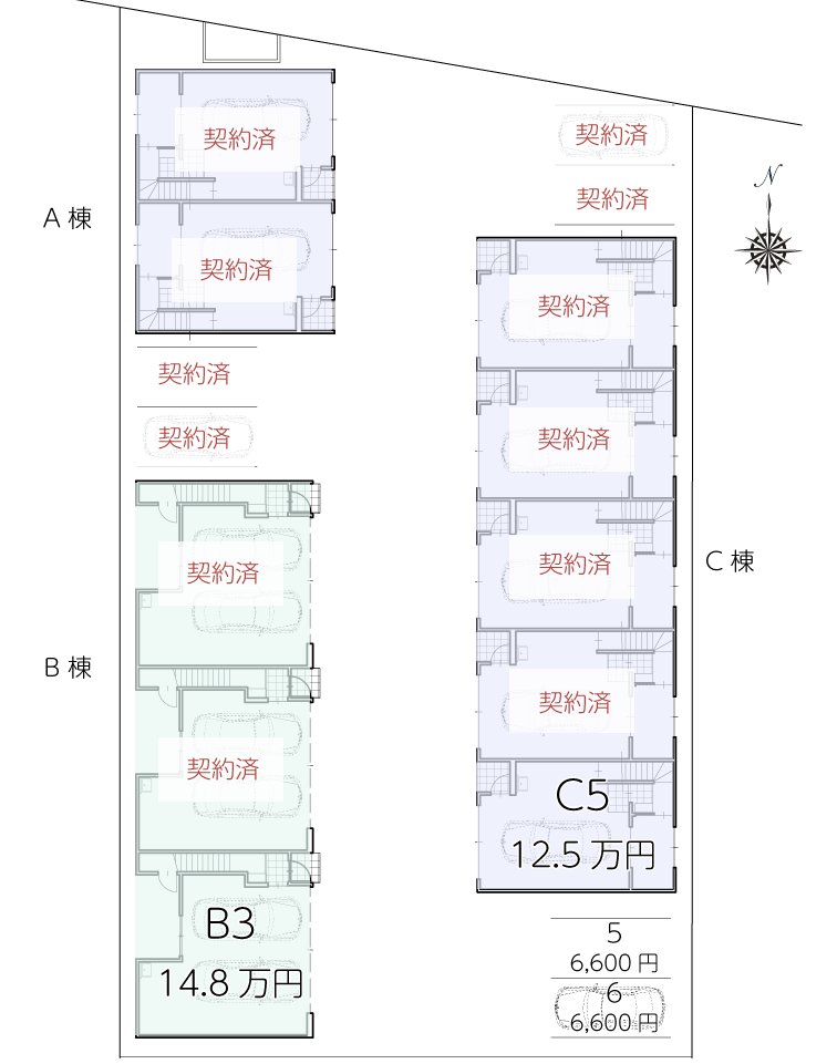 愛知県岩倉市の新築賃貸ビルドインガレージ・ガレージハウス「HC-G Iwakura」全体部屋割り　賃料　1LDK/1SLDK