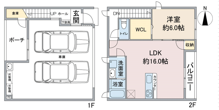 愛知県岩倉市の新築賃貸ビルドインガレージ(2台)・インナーガレージハウス「HC-G Iwakura」間取りB棟