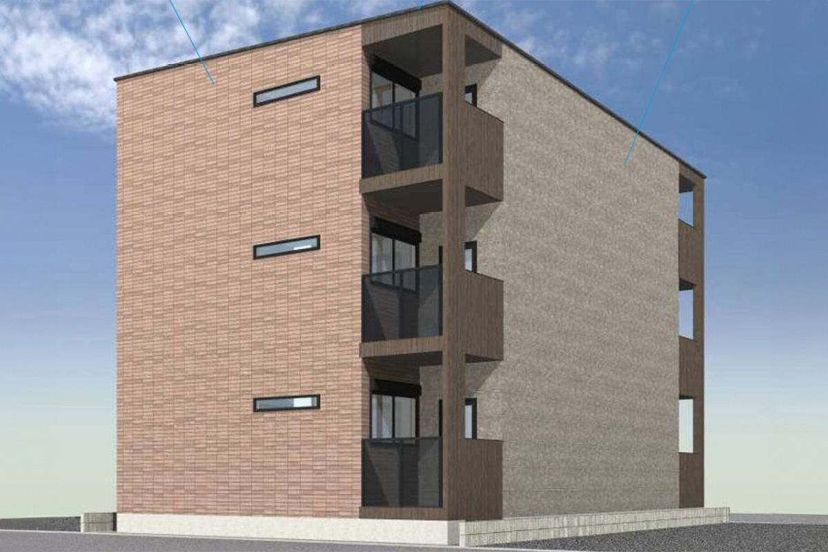 名古屋市中村区の新築賃貸木造3階建てアパート「(仮称)リブレワン五反城町」外観デザイン